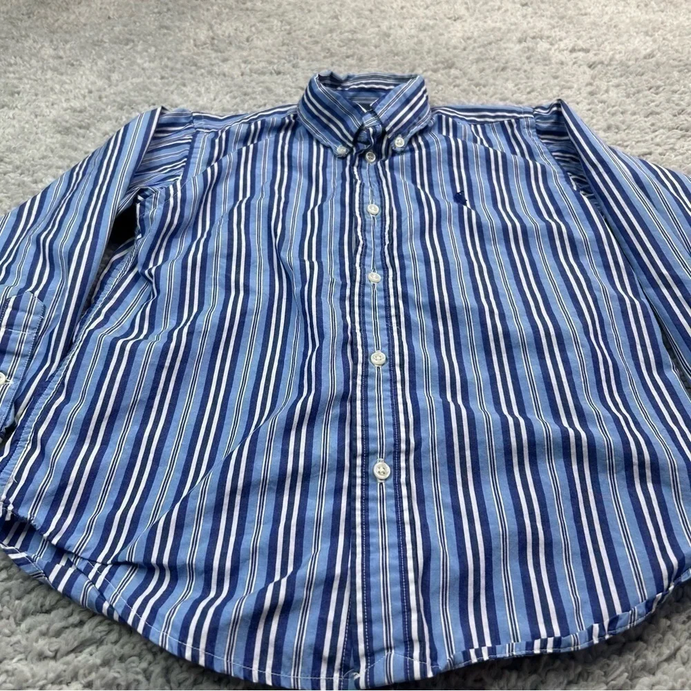 Ralph Lauren Shirt Boys 7 Long Sleeve Button Up Blue White Stripes Pony Classic